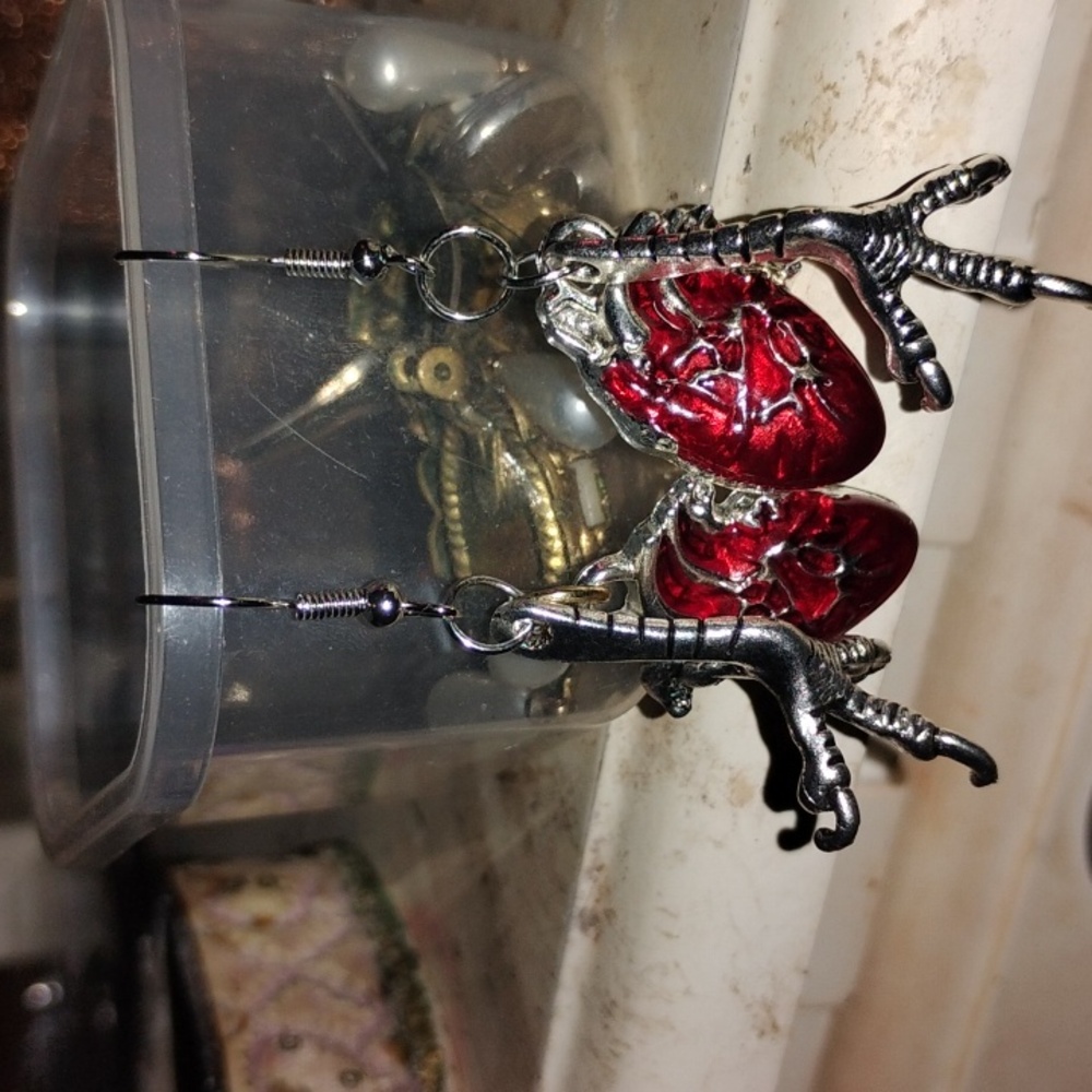 Silver and Red Claw Heart Earrings